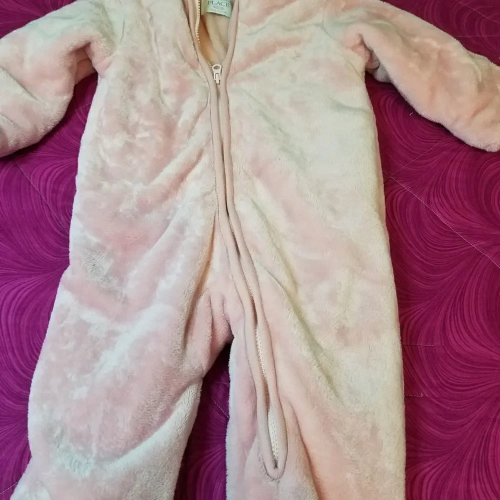 Children's Place pink teddy bear fuzzy one piece 6-9 months